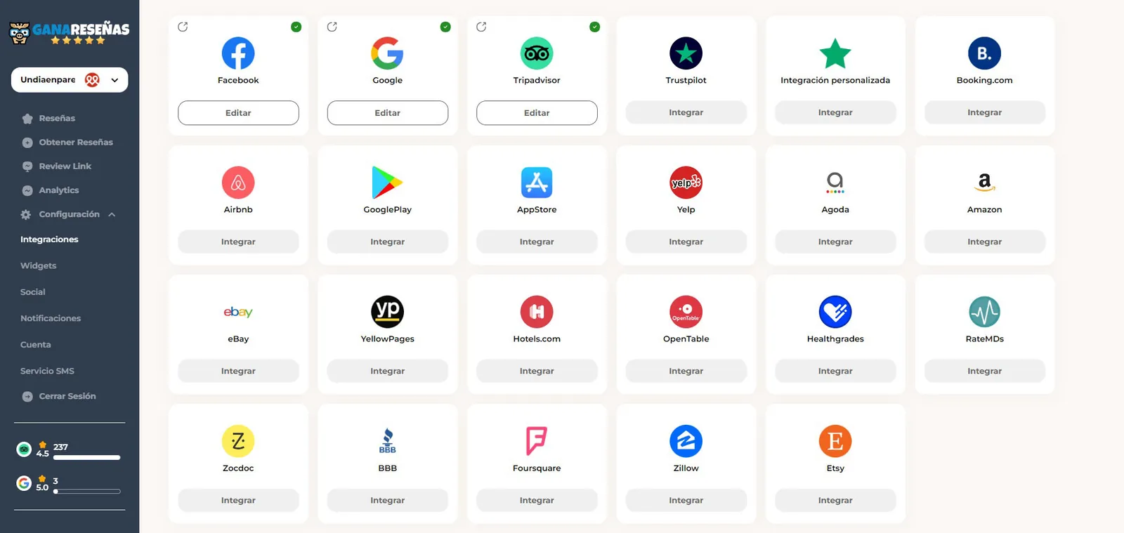 Captura del panel del equipo: pantalla de integraciones con Google, TripAdvisor, Booking y otras plataformas