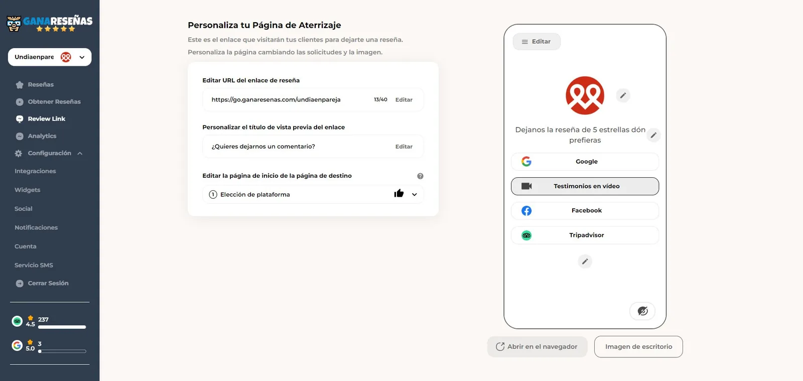 Captura del panel del equipo: editor de la página de aterrizaje con vista previa en el móvil