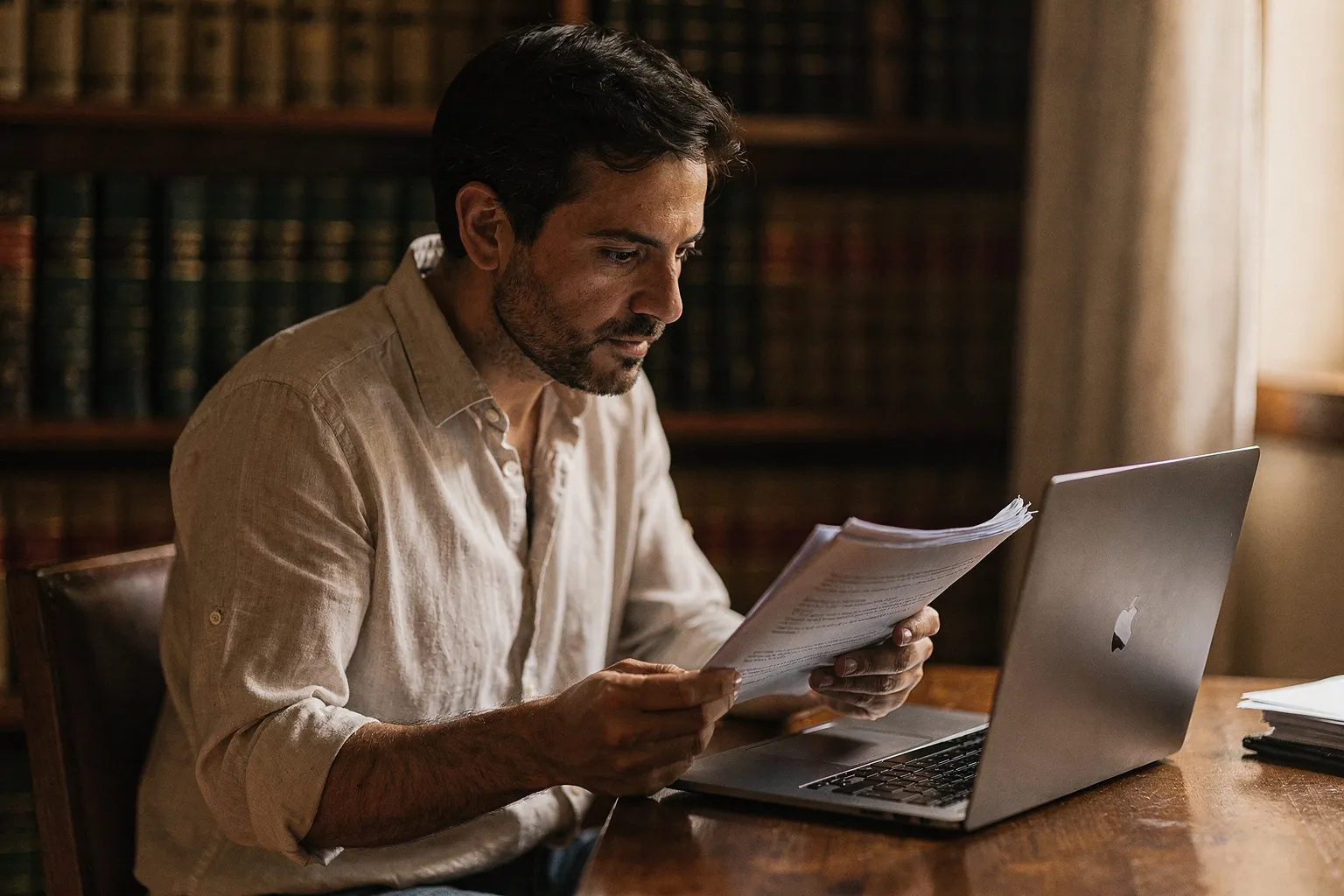 Abogado leyendo documentos en la mesa de un despacho pequeño con estanterías de libros al fondo