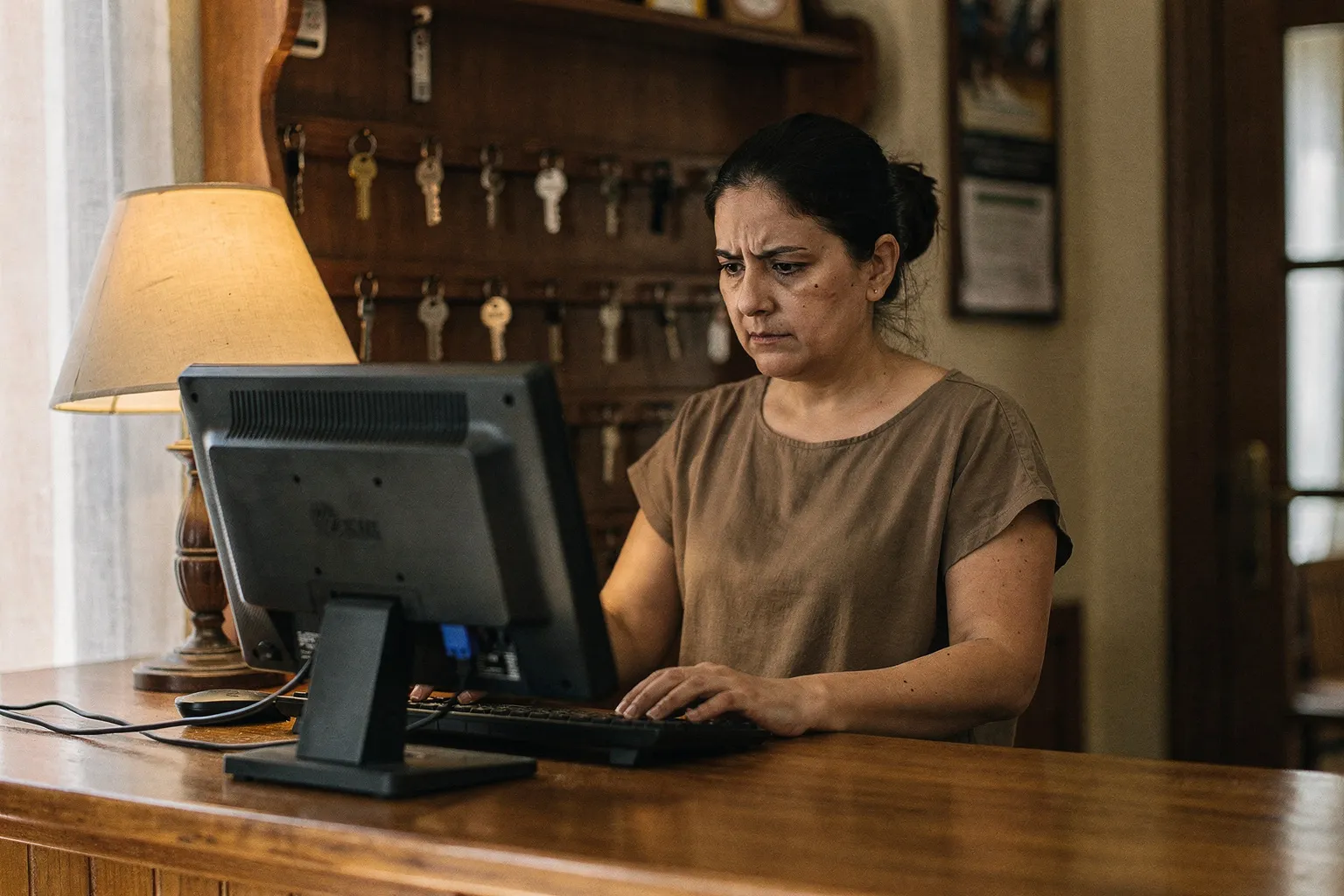 Recepcionista de un hotel pequeño mirando la pantalla del ordenador en el mostrador