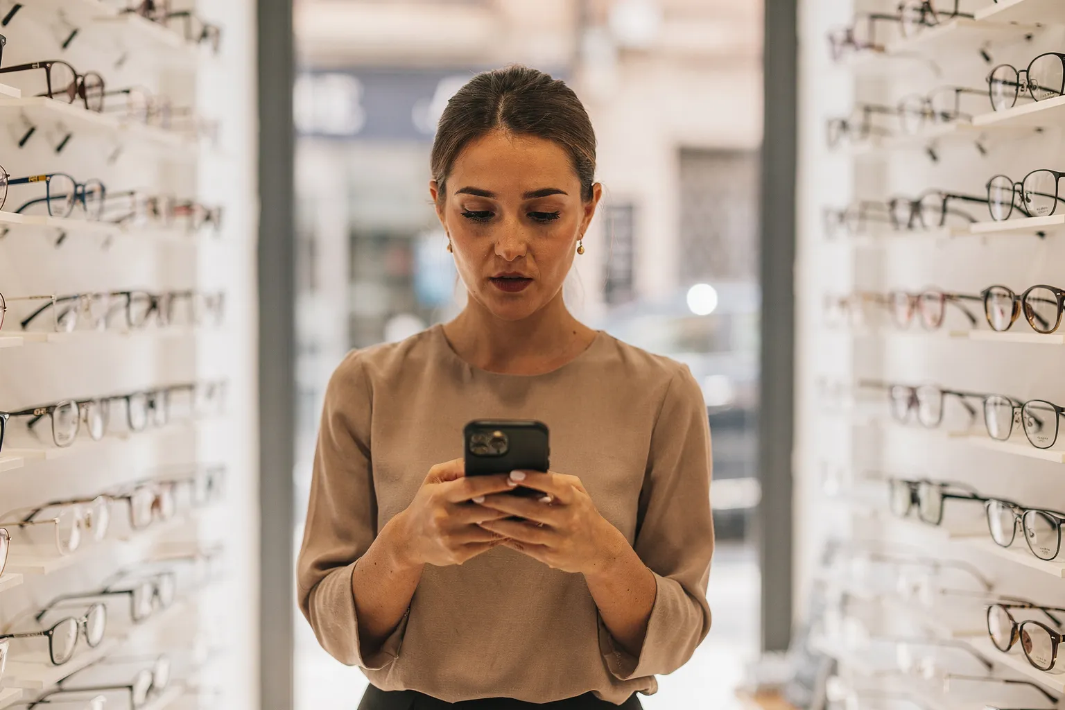 Óptica de pie entre los expositores de gafas de su tienda mirando el móvil
