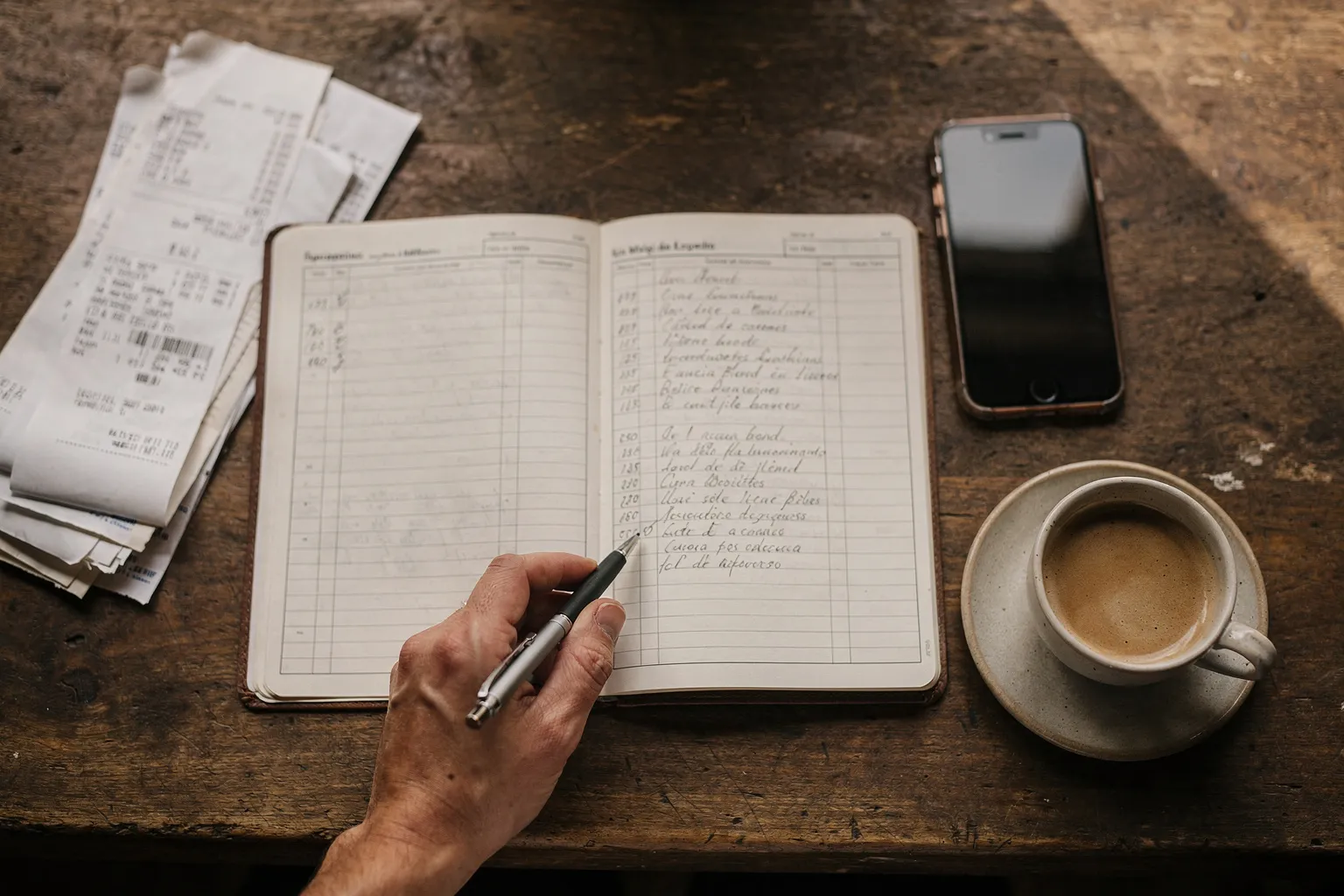 Vista cenital de una mesa con una agenda abierta, tiques impresos y una mano señalando una línea con un bolígrafo